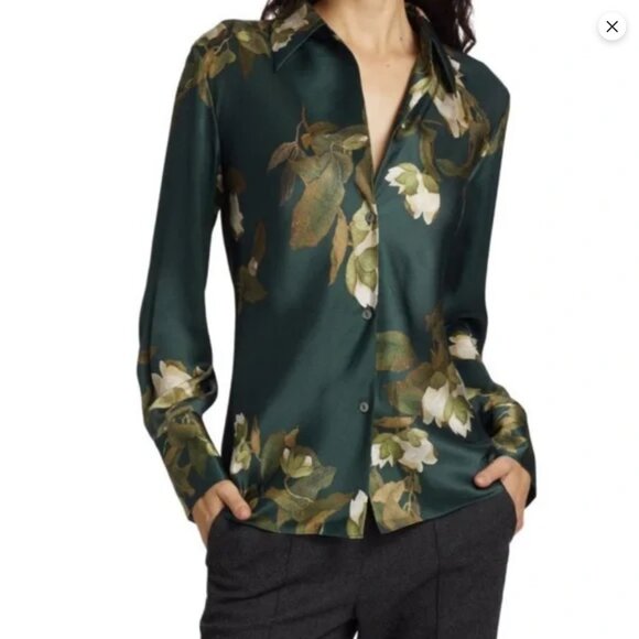 Vince Dark Green Camellia Silk Button Down Top 1X - Picture 1 of 16